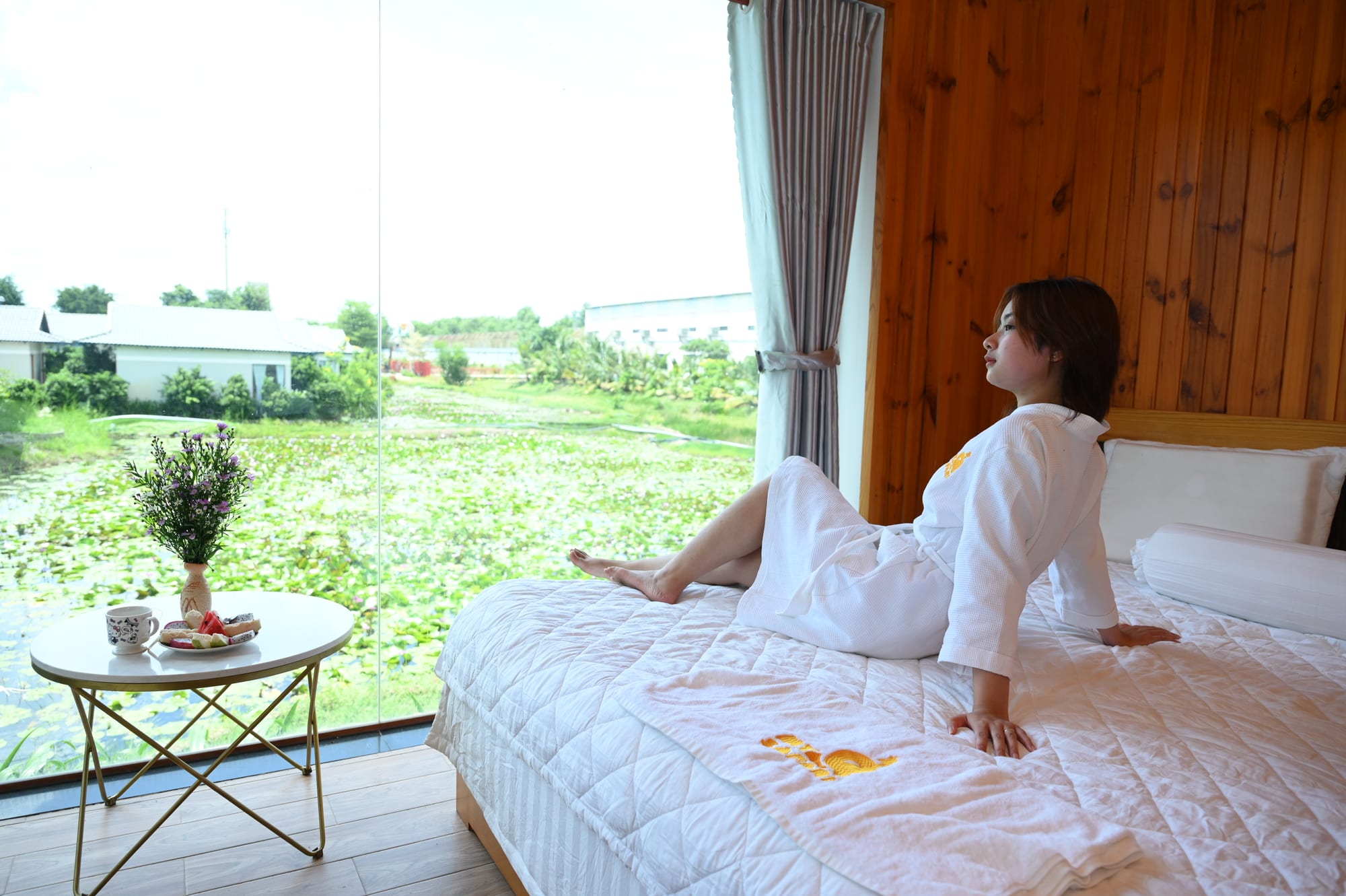 Giường nghỉ và cửa sổ nhìn ra cánh đồng sen